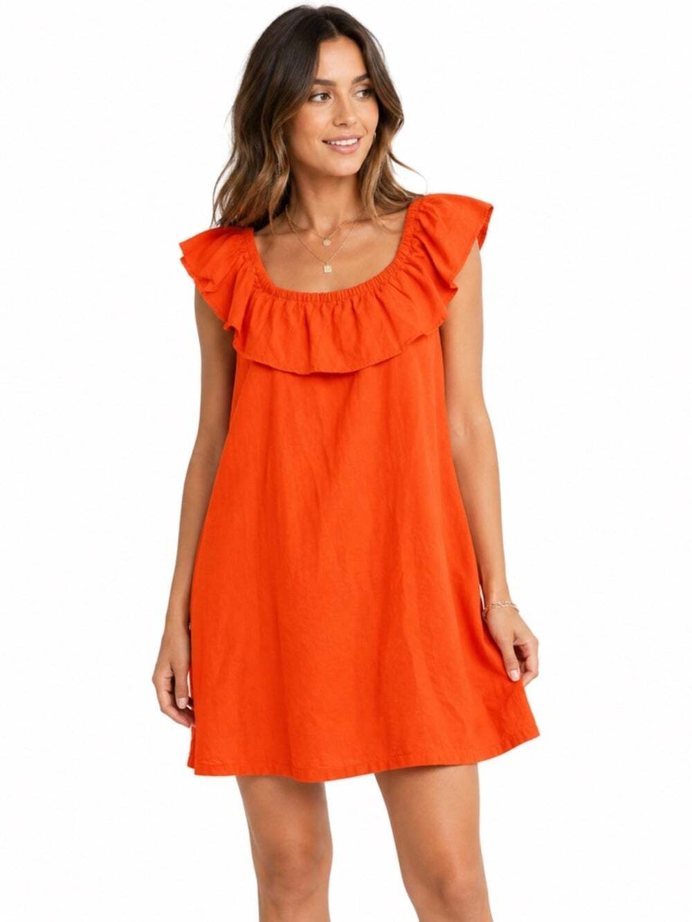 Charlie Paige Orange Ruffle Dress Swing Mini Linen Look Womens L XL Casual